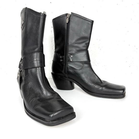 Harley Davidson Vintage Square Toe Harness Boots Cuban Heel Black Logo Size 8 - Picture 7 of 13